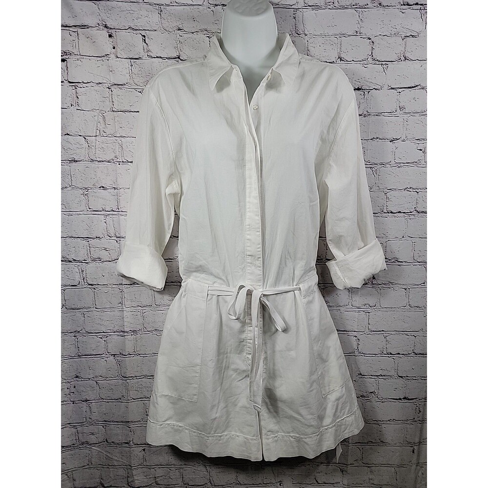 XiRENA White Long Sleeve Romper Button Up Drawstring Waist Lightweight Size Med